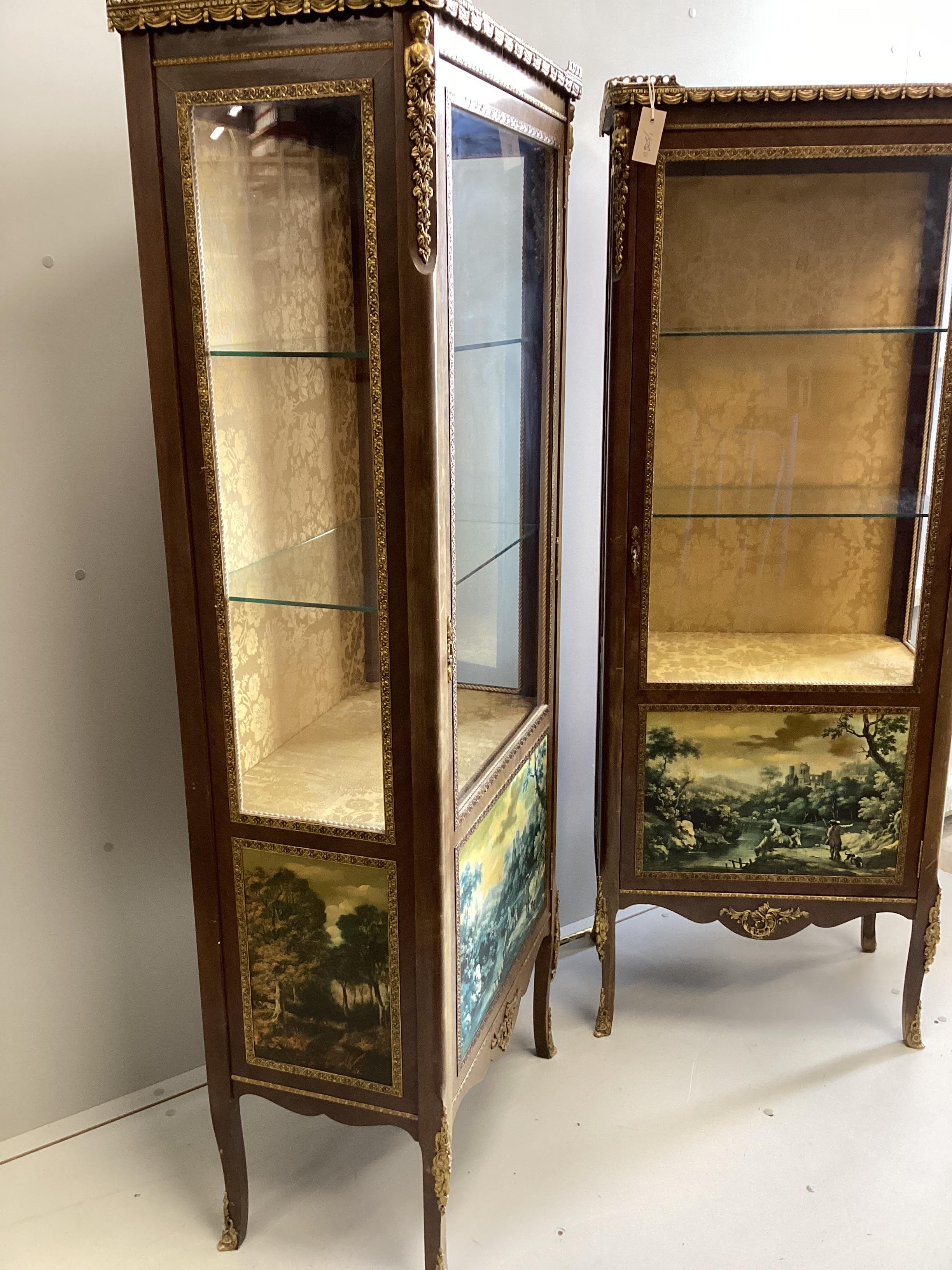 A pair of H & L Epstein Ltd Vernis Martin style gilt metal mounted vitrines, width 60cm, depth 32cm, height 157cm.